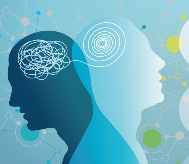 Zu sehen ist eine Illustration mit zwei Köpfen, die übereinanderliegen und über eine Schnur im Gehirn verbunden sind. In einem Kopf verläuft die Schnur in klaren Bahnen, im anderen durcheinander. Zu sehen ist eine Illustration mit zwei Köpfen, die übereinanderliegen und über eine Schnur im Gehirn verbunden sind. In einem Kopf verläuft die Schnur in klaren Bahnen, im anderen durcheinander.