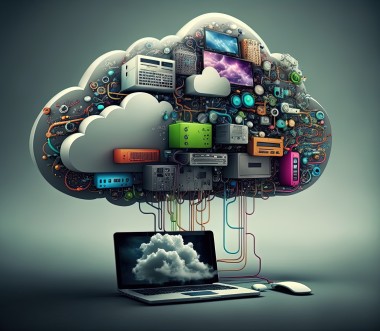 Eine Cloudwolke ist mit Kabeln verbunden an einen Laptop. Eine Cloudwolke ist mit Kabeln verbunden an einen Laptop.