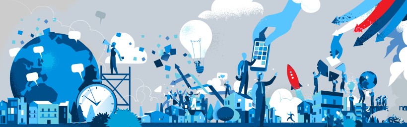 Eine abstrakte, futuristische Illustration in Blau- und Grautönen, die verschiedene Aspekte der digitalen Transformation darstellt. Zu sehen sind stilisierte Menschen, die mit Technologie interagieren, darunter eine riesige Hand, die ein Smartphone hält, ein Globus mit Sprechblasen, eine Rakete, die aufsteigt, sowie Diagramme und Pfeile, die Wachstum und Fortschritt symbolisieren. Die Szene vermittelt ein dynamisches Bild der Digitalisierung und vernetzter Kommunikation.