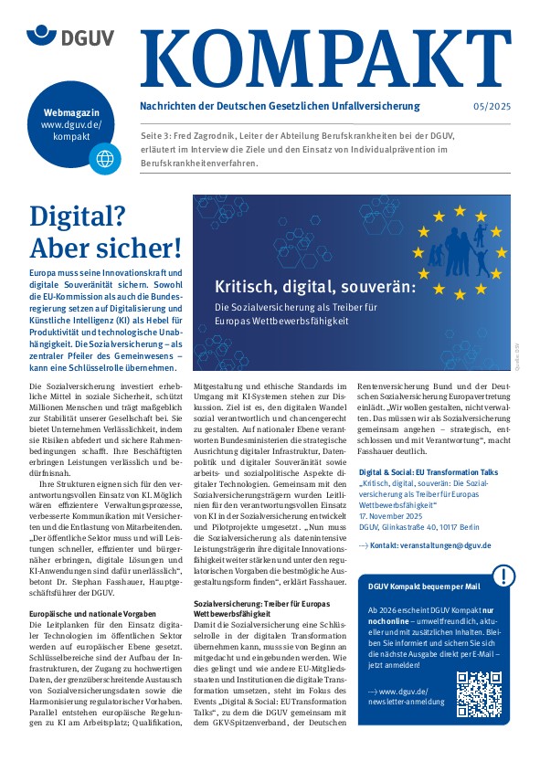 Titelbild DGUV Kompakt 5/2025; Digital? Aber sicher! Titelbild DGUV Kompakt 5/2025; Digital? Aber sicher!