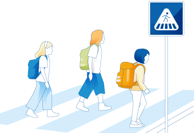 Die Illustration zeigt Kinder, die eine Straße überqueren.  Die Illustration zeigt Kinder, die eine Straße überqueren.